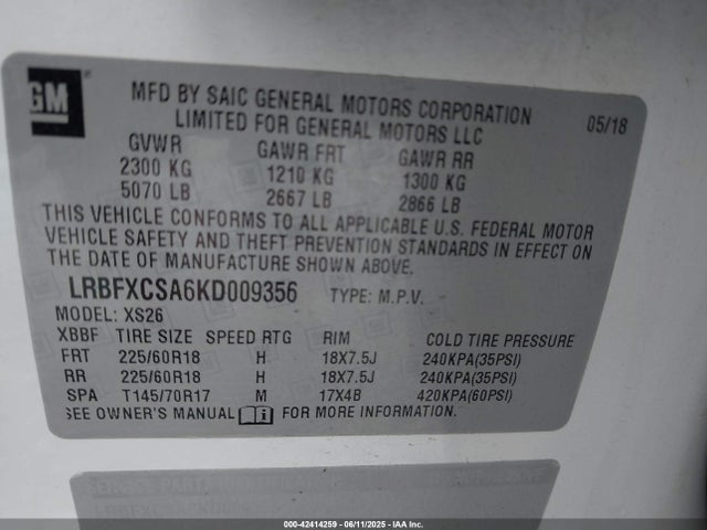 LRBFXCSA6KD009356 Buick lcv - spark ignited direct injection, variable valve timing, e85 max, e0-e100, alum