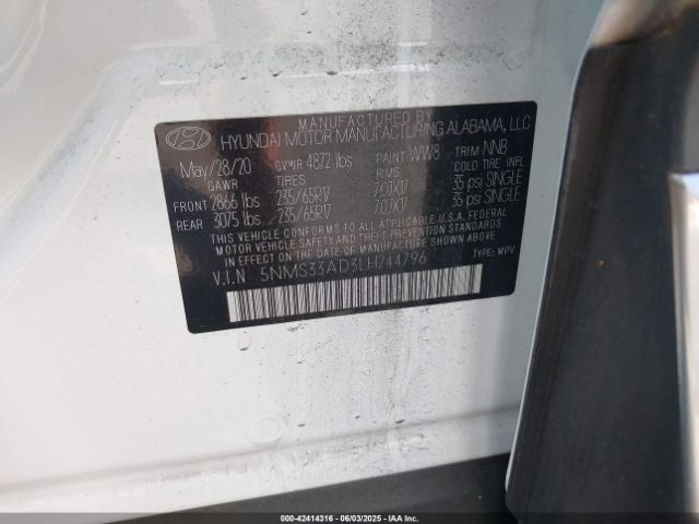 2020 HYUNDAI SANTA FE 5NMS33AD3LH244796 Photo 8