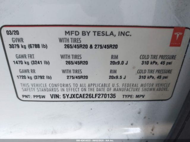5YJXCAE26LF270135 Tesla Model X Long Range Dual Motor All-wheel Drive/long Range Plus Dual Motor All-wheel Drive