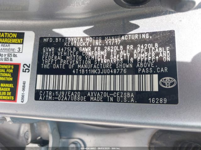 4T1B11HK3JU048776 Toyota CAMRY SE