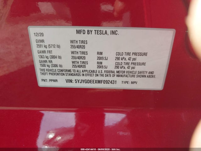5YJYGDEEXMF092431 Tesla 2021