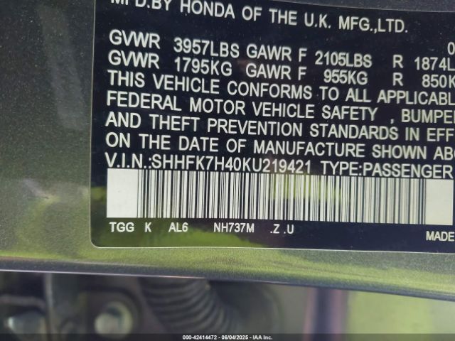 2019 HONDA CIVIC SHHFK7H40KU219421 Photo 8