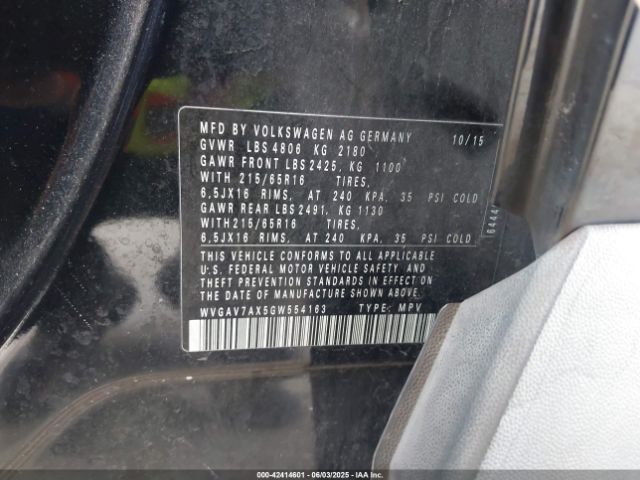 WVGAV7AX5GW554163 Volkswagen TIGUAN S