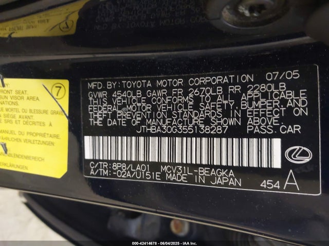 Продажа на аукционе авто 2005 Lexus Es 330, vin: JTHBA30G355138287, номер лота: 42414678