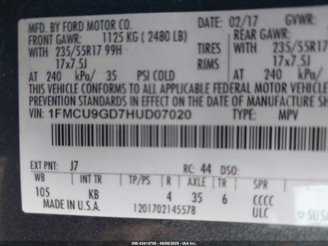 1FMCU9GD7HUD07020 Ford ESCAPE SE
