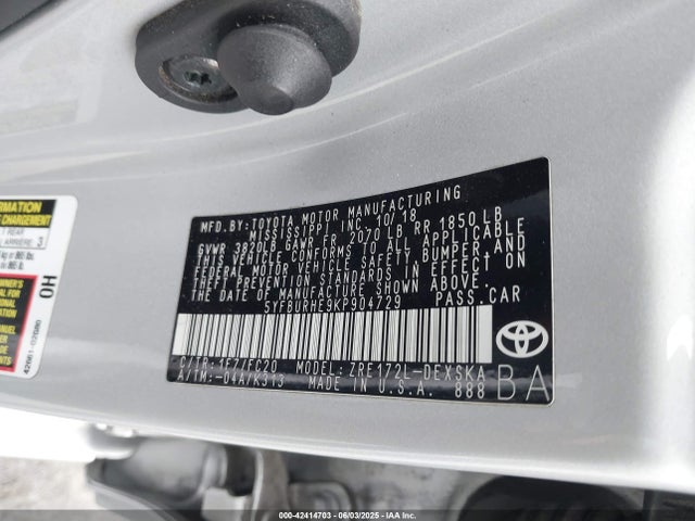 5YFBURHE9KP904729 Toyota 2zr-fe