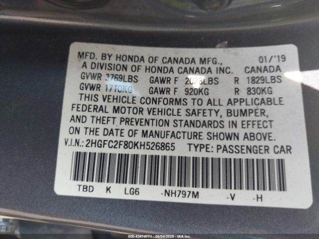 2019 HONDA CIVIC 2HGFC2F80KH526865 Photo 8