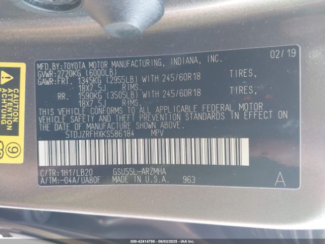 2019 TOYOTA HIGHLANDER 5TDJZRFHXKS586184 Photo 8
