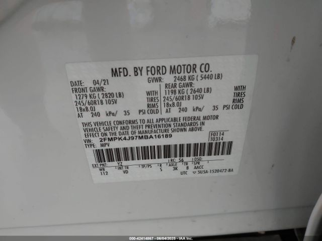 2FMPK4J97MBA16189 Ford EDGE SEL