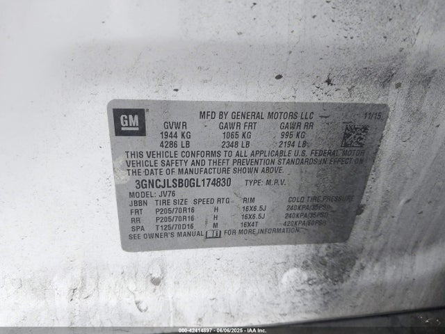 Chevrolet luv - mfi, vvt, alum, gme e85 max 2016 3GNCJLSB0GL174830 Image 9