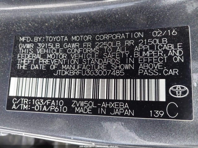 JTDKBRFU3G3007485 Toyota 2zr-fxe,1nm