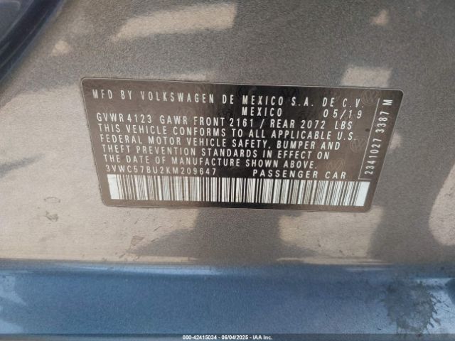 3VWC57BU2KM209647 Volkswagen Jetta 1.4t R-line/1.4t S/1.4t Se