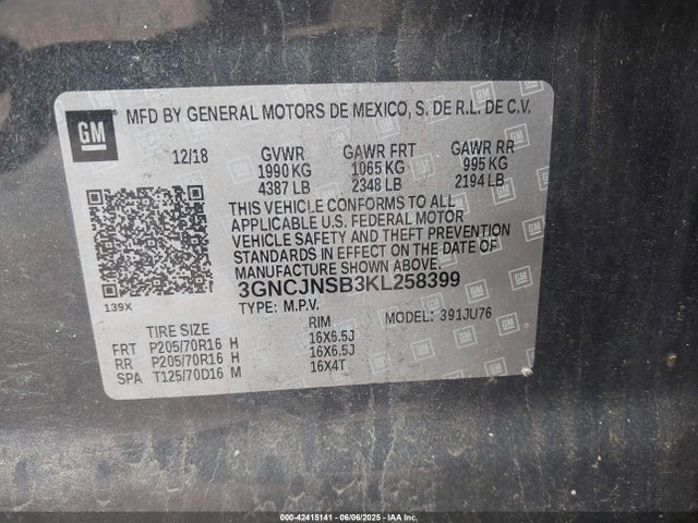3GNCJNSB3KL258399 Chevrolet luv - mfi, variable valve timing, e85 max, alum