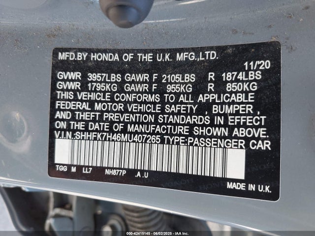 SHHFK7H46MU407265 Honda l15ba