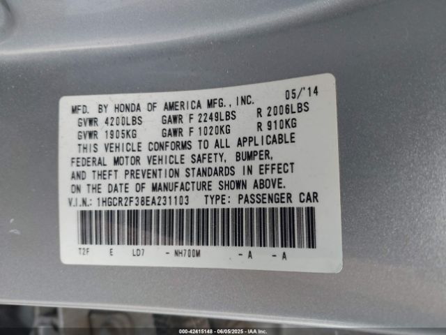 1HGCR2F38EA231103 Honda ACCORD LX