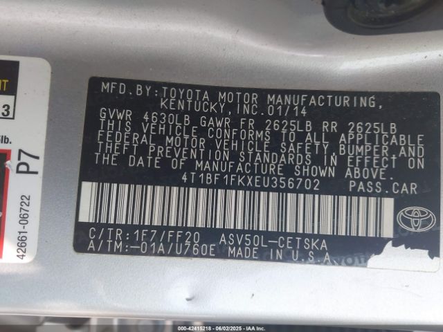4T1BF1FKXEU356702 Toyota CAMRY SE