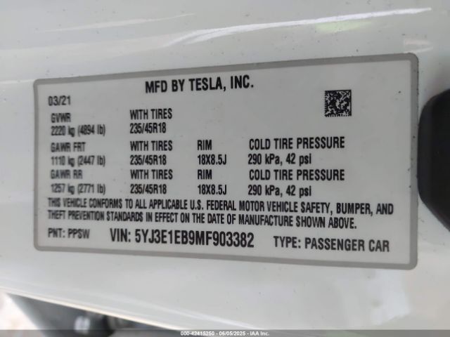 2021 TESLA MODEL 3 5YJ3E1EB9MF903382 Photo 8