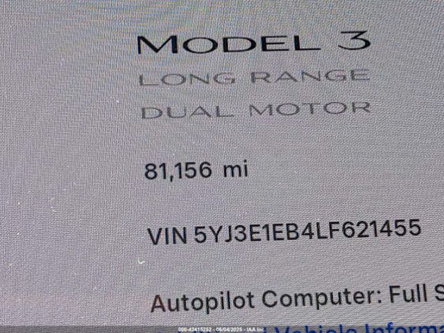 5YJ3E1EB4LF621455 Tesla Model 3 Long Range Dual Motor All-wheel Drive