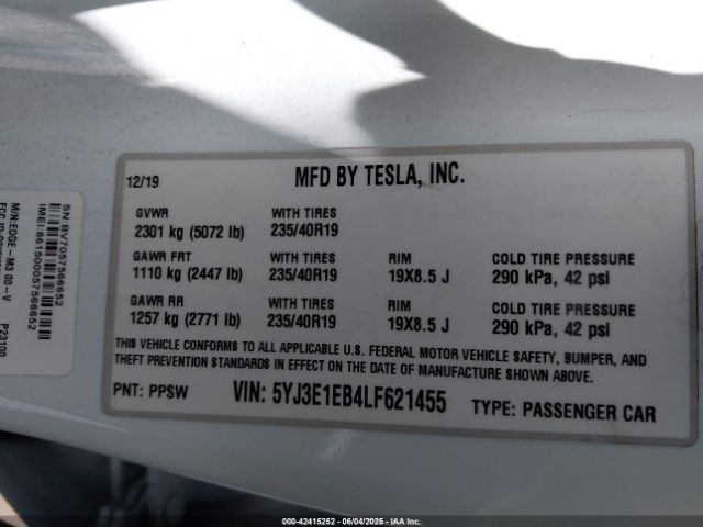 5YJ3E1EB4LF621455 Tesla Model 3 Long Range Dual Motor All-wheel Drive