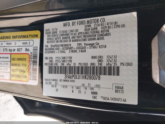 Ford 2.0l 4v atk hev 2017 3FA6P0LU1HR280078 Image 9