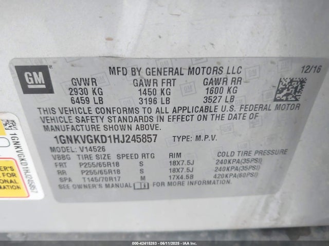 1GNKVGKD1HJ245857 Chevrolet Traverse 1lt