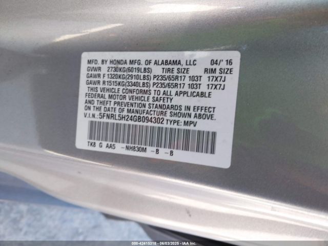 5FNRL5H24GB094302 Honda ODYSSEY LX