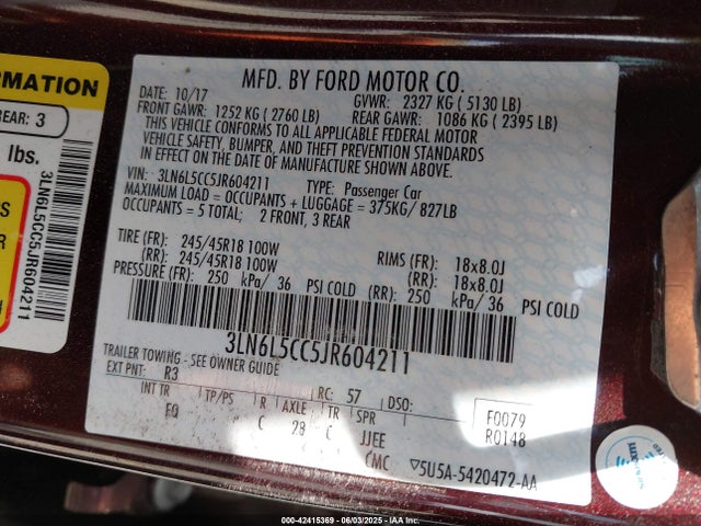 3LN6L5CC5JR604211 Lincoln 3.0l W/prem