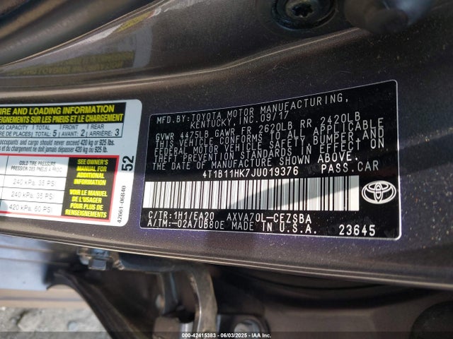 4T1B11HK7JU019376 Toyota a25a-fks