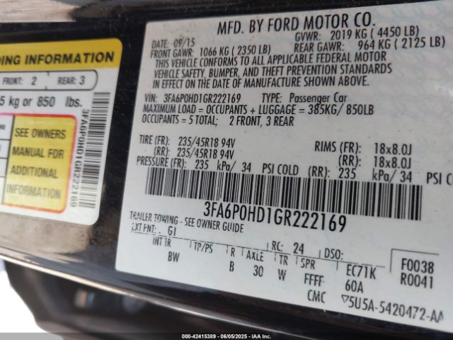 3FA6P0HD1GR222169 Ford FUSION SE