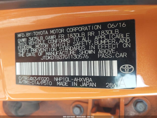 JTDKDTB37G1130576 Toyota 1nz-fxe+1lm