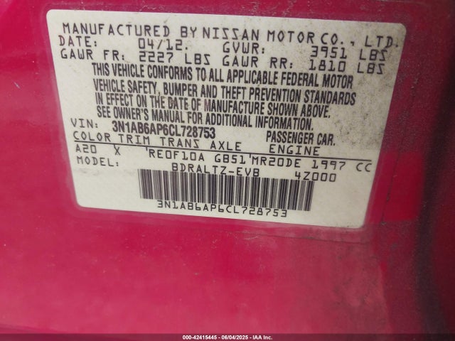 42415445 :رقم المزاد ، 3N1AB6AP6CL728753 vin ، 2012 Nissan Sentra 2.0 Sr مزاد بيع