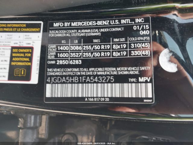 2015 MERCEDES-BENZ ML 350 4JGDA5HB1FA543275 Photo 8