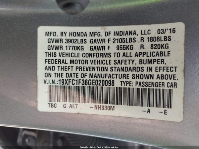 19XFC1F36GE020098 Honda Civic Ex-t