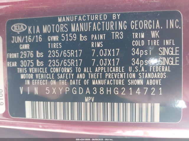 5XYPGDA38HG214721 KIA 2017