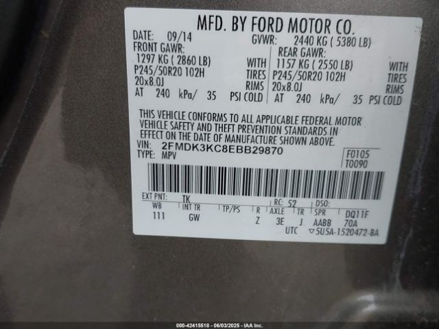 2FMDK3KC8EBB29870 Ford 2014