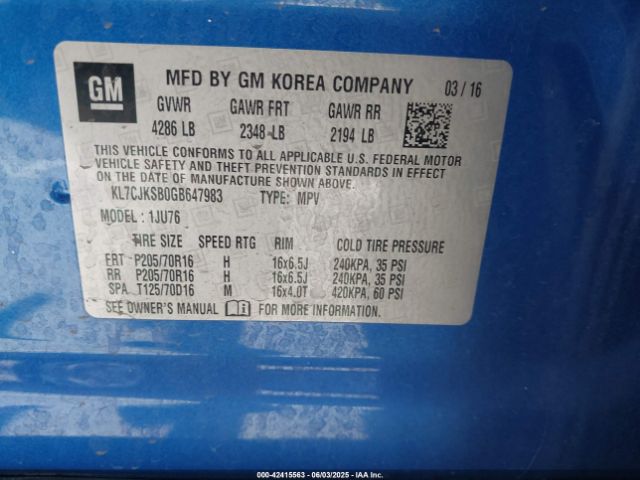 KL7CJKSB0GB647983 Chevrolet luv - mfi, vvt, alum, gme e85 max