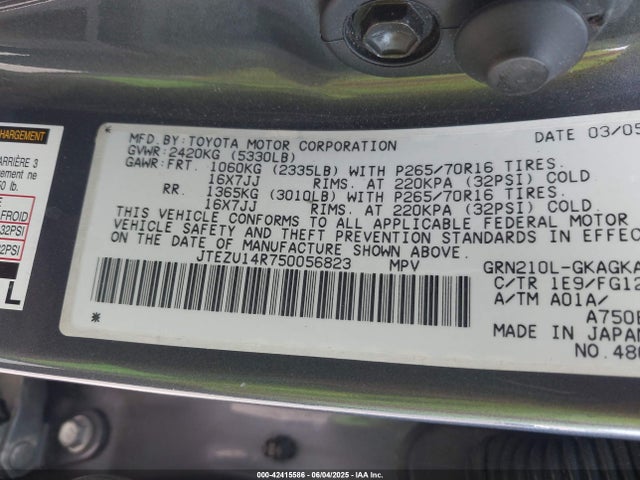 Aukcja sprzedaży 2005 Toyota 4runner Sr5 V6, vin: JTEZU14R750056823, numer aukcji: 42415586
