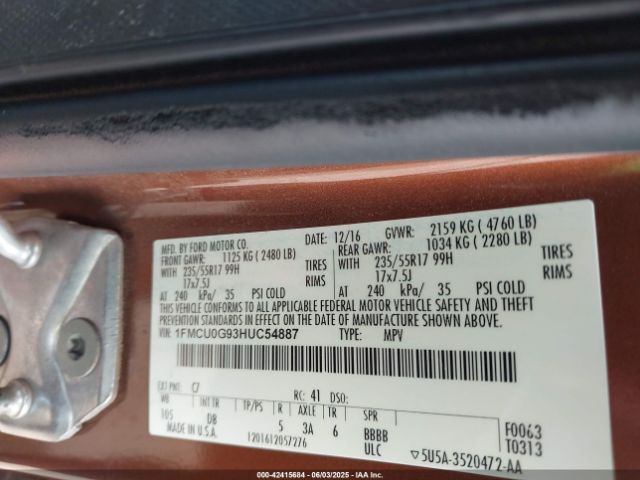 1FMCU0G93HUC54887 Ford ESCAPE SE