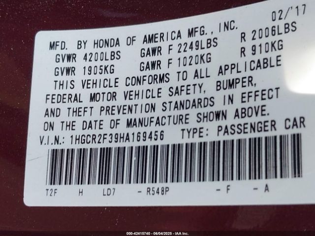 1HGCR2F39HA169456 Honda ACCORD LX