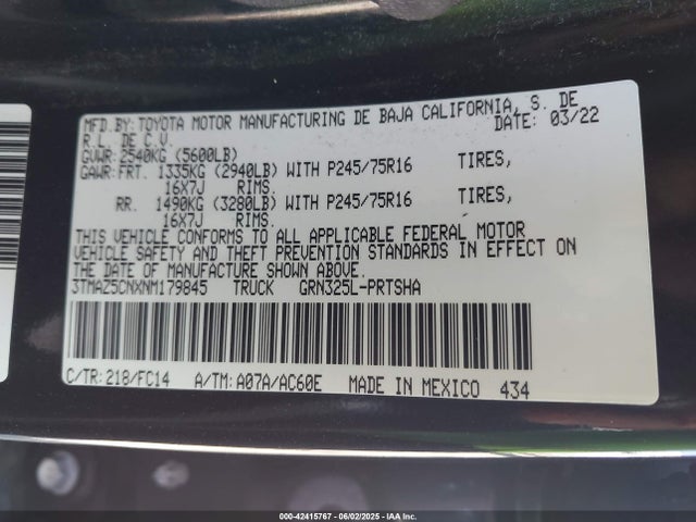3TMAZ5CNXNM179845 Toyota Tacoma Sr5 V6