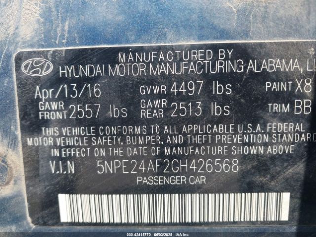 5NPE24AF2GH426568 Hyundai SONATA SE