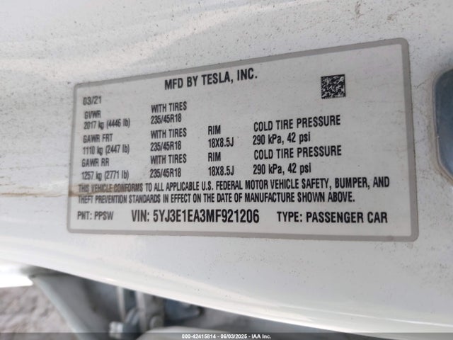 2021 TESLA MODEL 3 5YJ3E1EA3MF921206 Photo 8