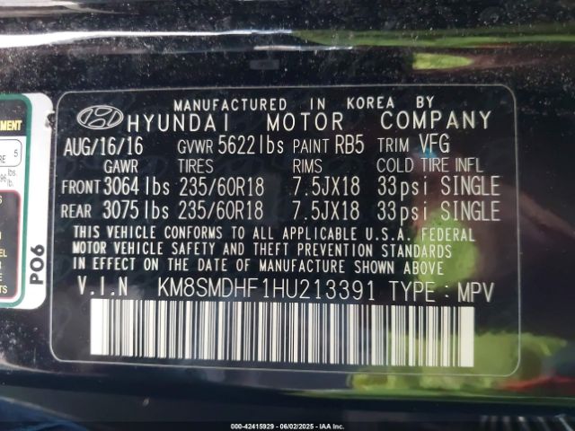 KM8SMDHF1HU213391 Hyundai Santa Fe Se