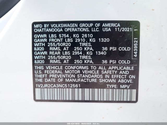 2022 VOLKSWAGEN ATLAS 1V2JR2CA3NC512561 Photo 8