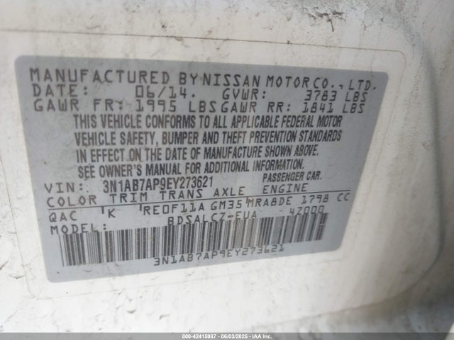 3N1AB7AP9EY273621 Nissan SENTRA S