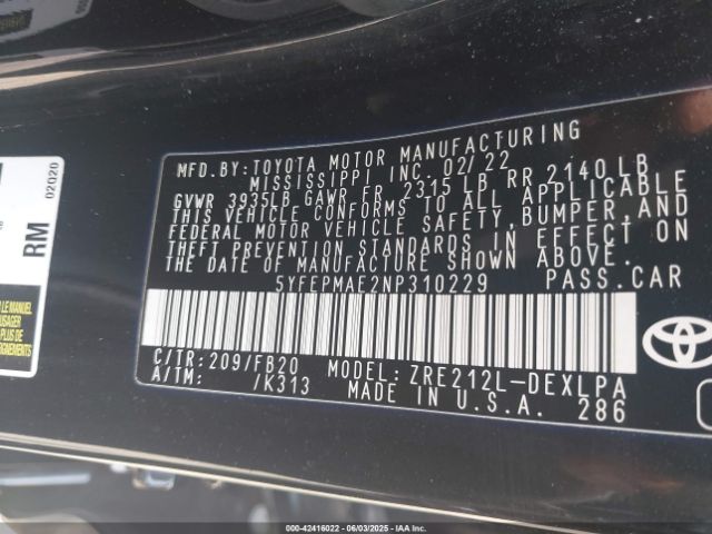 2022 TOYOTA COROLLA 5YFEPMAE2NP310229 Photo 8