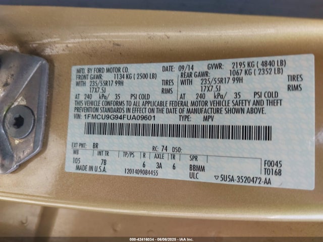 1FMCU9G94FUA09601 Ford Escape