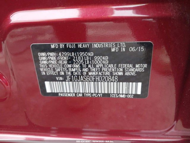 Subaru 2.0l na 2015 JF1GJAS60FH020848 Image 9