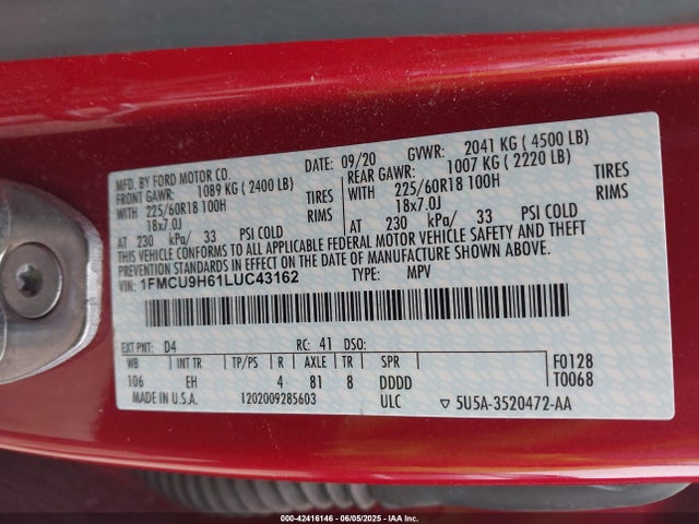 1FMCU9H61LUC43162 Ford 2020