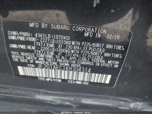 Subaru naturally aspirated 2019 JF2GTAEC1KH304314 Image 9